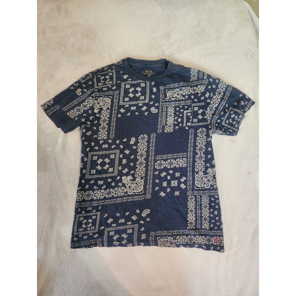 Polo Ralph Lauren blue bandana paisley patchwork print t-shirt featuring a crew
